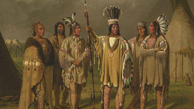 lukisan yang menggambarkan enam Kepala Suku Blackfeet di sepanjang Sungai Saskatchewan Utara di Saskatchewan, Kanada (commons.wikimedia.org/Paul Kane)