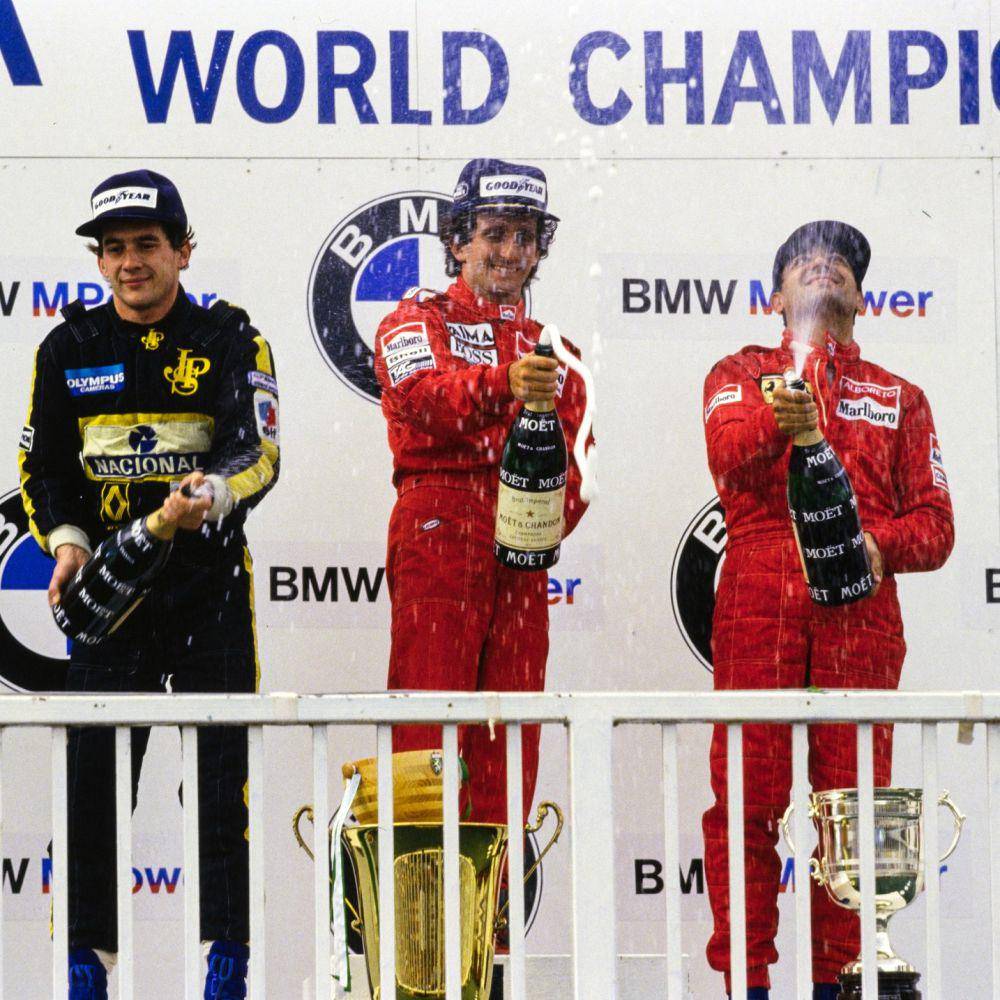 foto podium GP Austria 1985: Ayrton Senna (kiri), Alain Prost (tengah), dan Michele Alboreto (kanan) (twitter.com/McLaren)