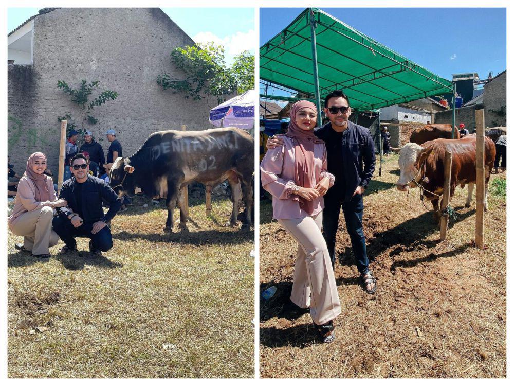 8 Potret Jenita Janet dan Suami saat Kurban Sapi, Masing-Masing Satu!