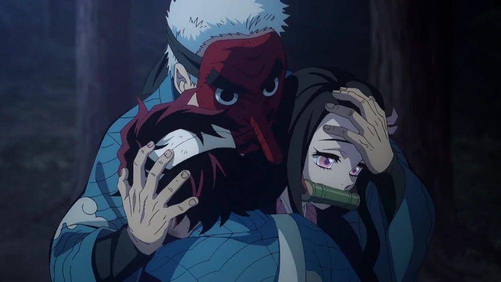 Urokodaki, Tanjiro, dan Nezuko (dok. Ufotable/ Kimetsu no Yaiba)
