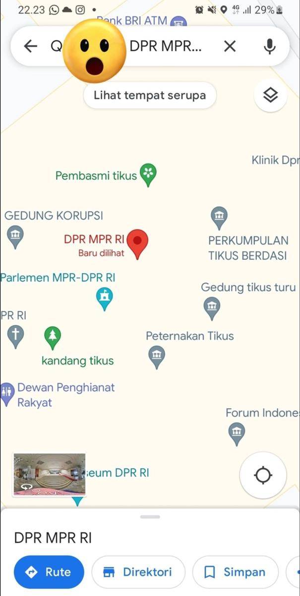 Tangkapan layar titik Gedung DPR disebut 'gedung tikus' ketika dicek di Google Map. (Tangkapan layar Twitter)