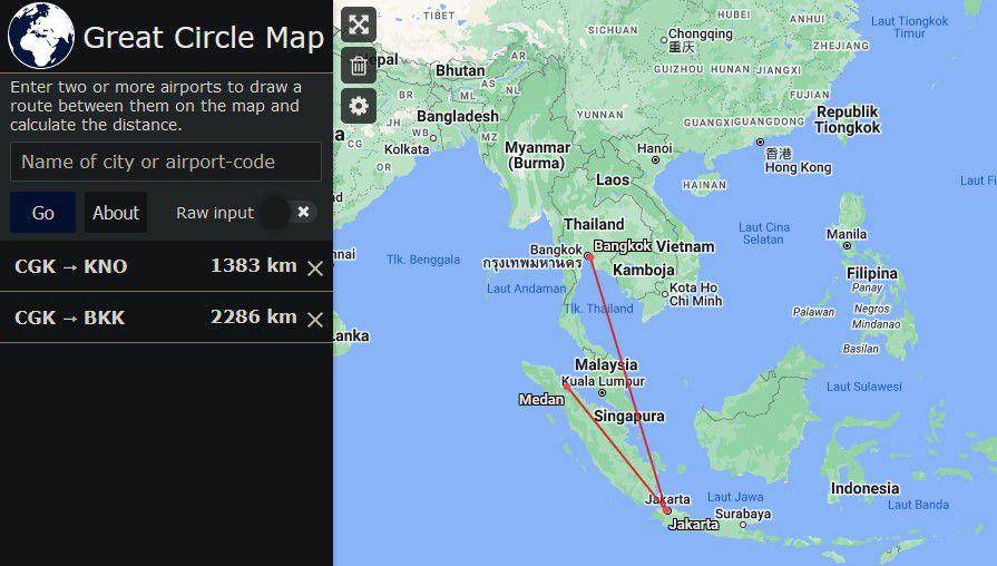 perbandingan rute penerbangan Jakarta-Medan dan Jakarta-Bangkok (tangkapan layar Gread Circle Map/greatcirclemap.com)