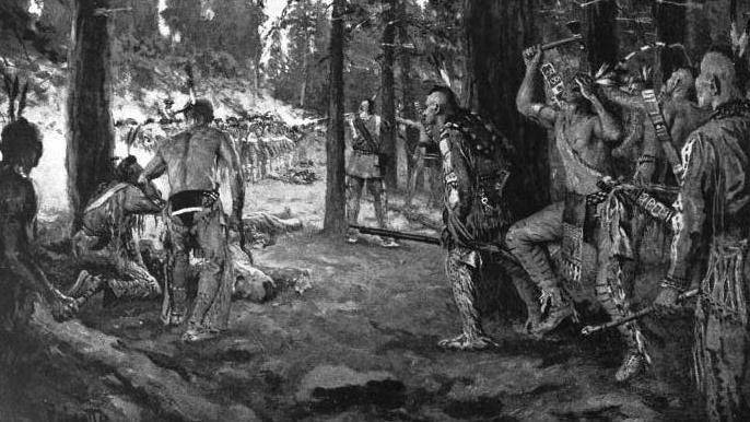 Ilustrasi ini menggambarkan serangan Cherokee terhadap garnisun Fort Loudoun di Monroe County, Tennessee, Amerika Serikat pada Agustus 1760. (commons.wikimedia.org/Ernest Peixotto)