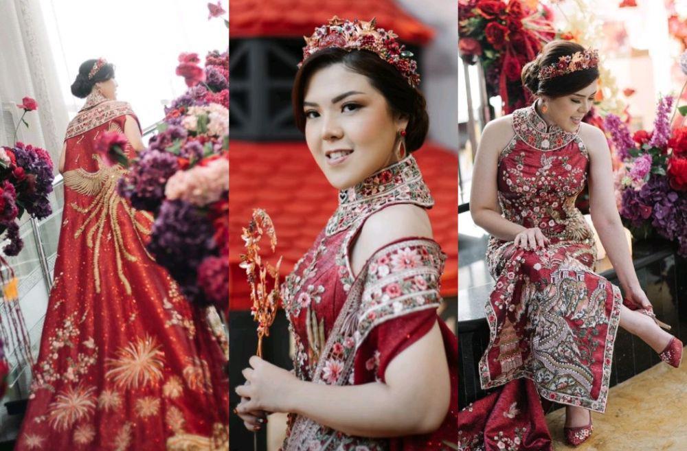 10 Gaya Busana dan Makeup Tina Toon saat Sangjit, Glam Serba Merah