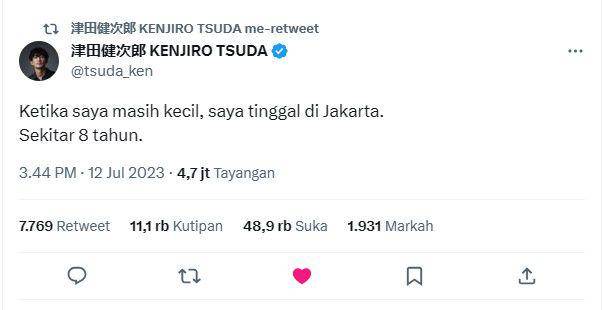 Tweet Tsuda Ken bilang pernah tinggal di Jakarta selama 8 tahun ketika masih kecil. (twitter.com/tsuda_ken)