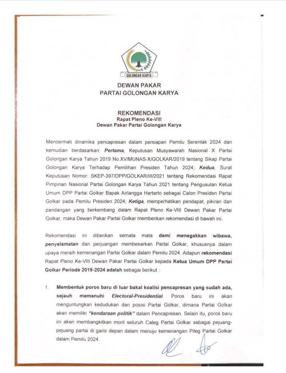 Isi tiga rekomendasi Dewan Pakar Partai Golkar yang disampaikan ke Ketua Umum, hal 2. (Tangkapan layar dokumentasi rekomendasi Partai Golkar(