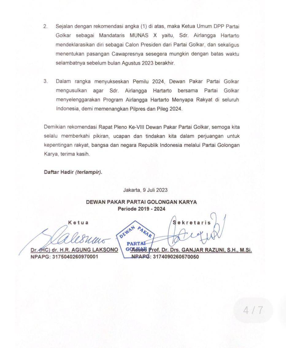 Isi tiga rekomendasi Dewan Pakar Partai Golkar yang disampaikan ke Ketua Umum, hal 2. (Tangkapan layar dokumentasi rekomendasi Partai Golkar(