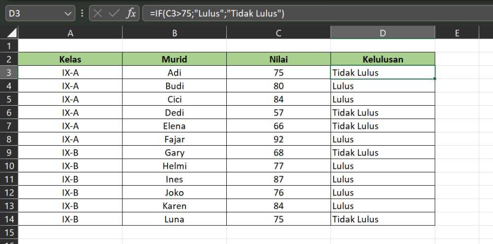 contoh penggunaan rumus IF (dok. Microsoft Excel)