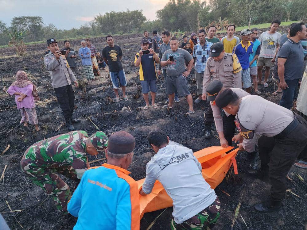 Polisi mengevakuasi jasad korban yang hangus terpanggang dari lahan tebu. IDN Times/ Riyanto