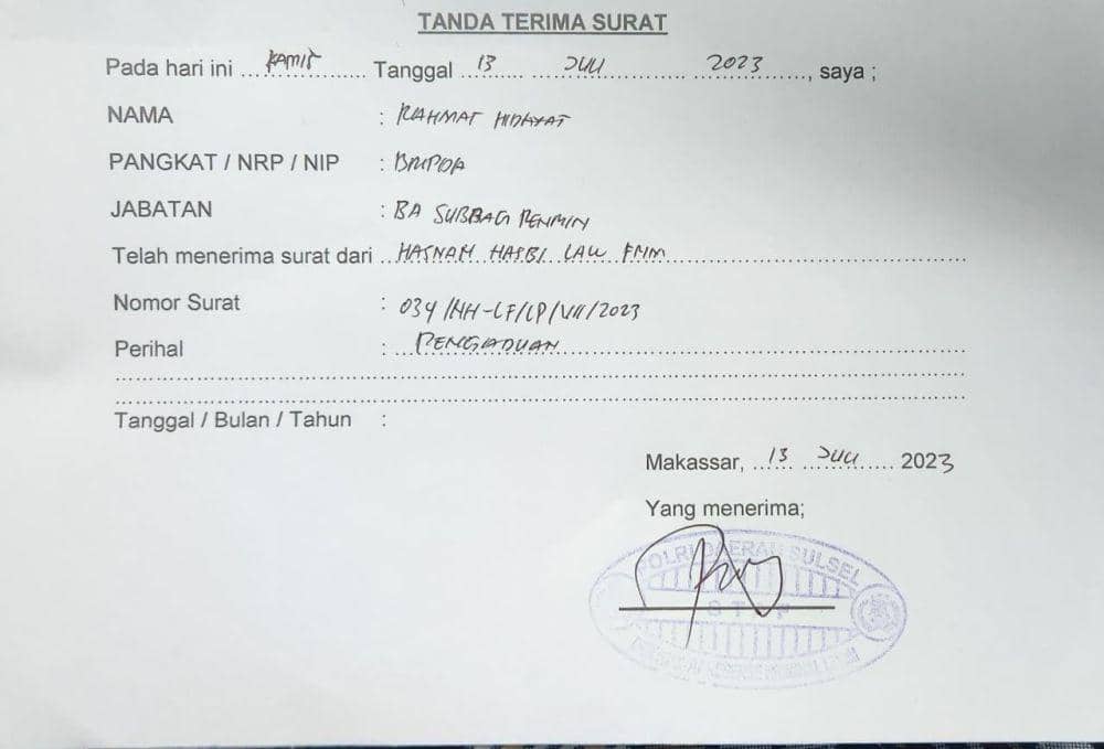 Tanda bukti aduan Muh. Akbar alias Ajudan Pribadi oleh korban di Polda Sulsel. (Istimewa)