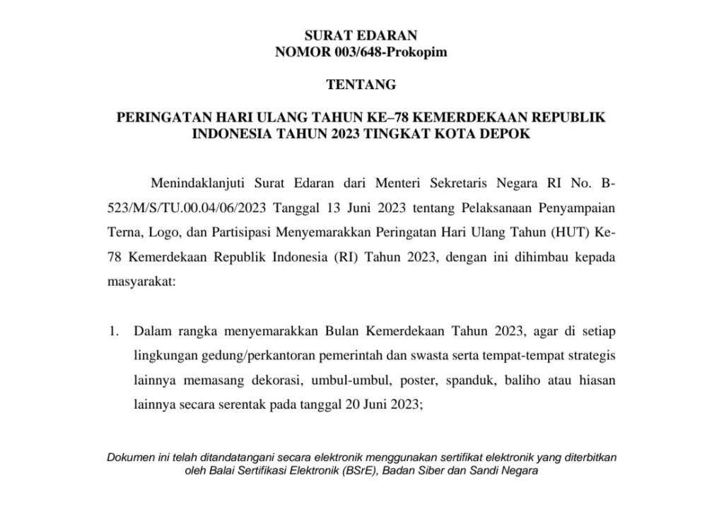 Tangkapan layar surat edaran Wali Kota Depok terkait perayaan HUT ke-78 Kemerdekaan Republik Indonesia. (Istimewa)
