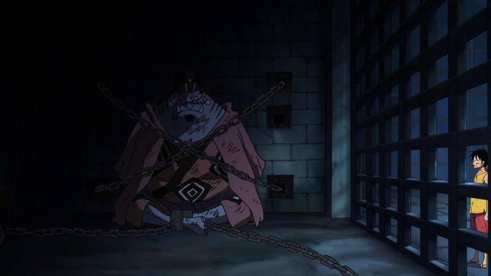Luffy pertama kali bertemu Jinbe. (dok. Toei Animation/One Piece)
