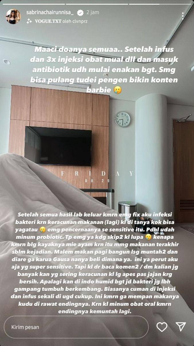 tangkapan layar instastory Sabrina Chairunnisa (instagram.com/sabrinachairunnisa_)
