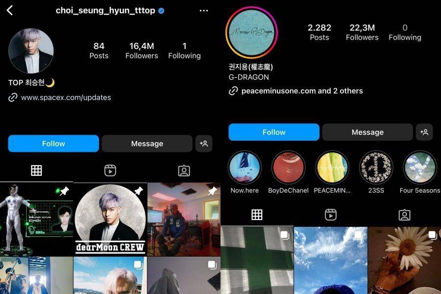 Instagram T.O.P dan G-Dragon (instagram.com/choi_seung_hyun_tttop | instagram.com/xxxibgdrgn)