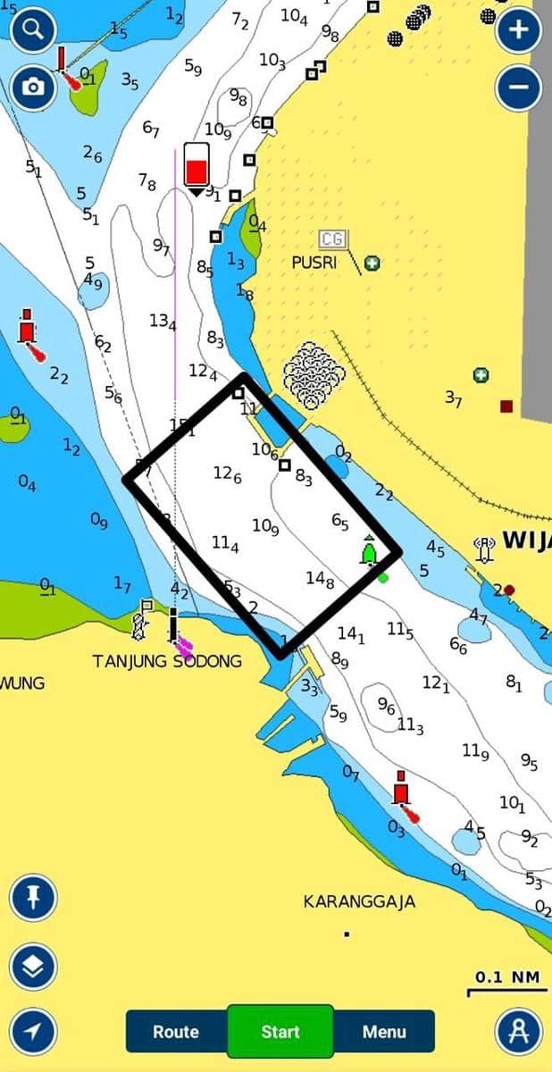 Peta yang menggambarkan temuan ribuan amunisi di Perairan Cilacap. (Dokumentasi TNI AL)