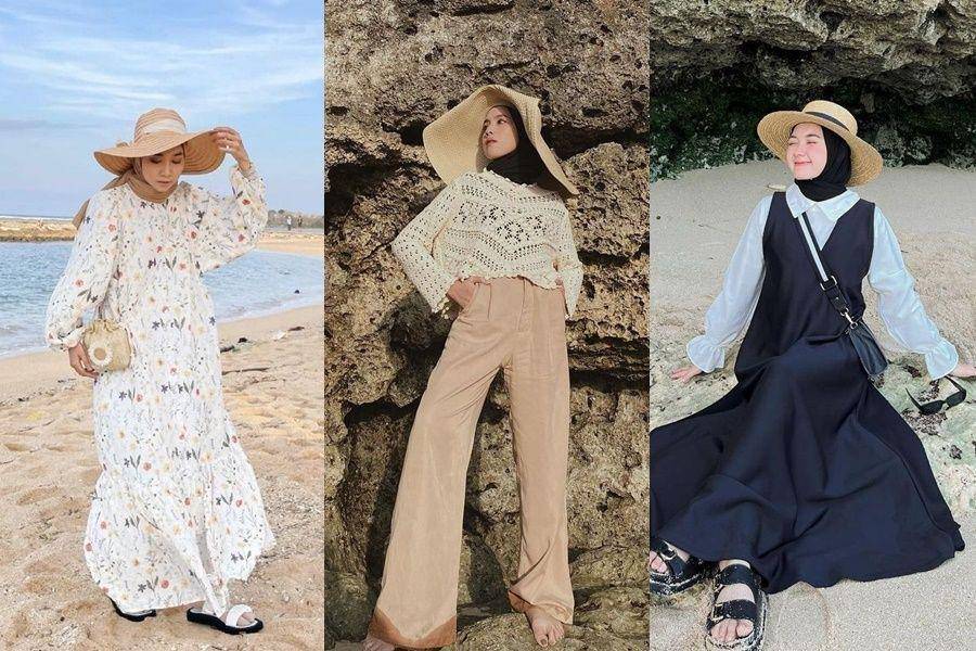 style topi pantai (instagram.com/meiraniap | instagram.com/ameliaelle | instagram.com/nindiarst21)