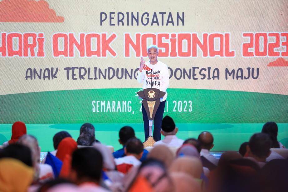 Gubernur Jawa Tengah Ganjar Pranowo menyampaikan pesannya tatkala membuka acara perayaan Hari Anak Nasional (HAN) 2023 di Lapangan Pancasila, Simpang Lima Semarang. (IDN Times/Dok Humas Pemprov Jateng)