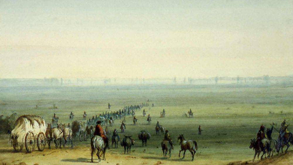 lukisan pemburu bulu saat melintasi padang rumput (commons.wikimedia.org/Alfred Jacob Miller)