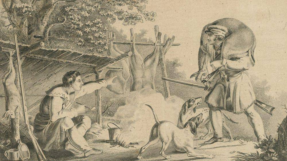 Ilustrasi ukiran American Turf Register and Sporting Magazine ini menggambarkan seorang pria membawa rusa buruannya. (commons.wikimedia.org/Peter Rindisbacher)