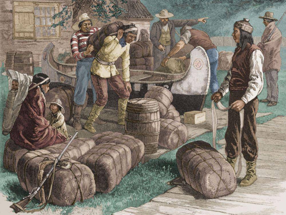 Ilustrasi lukisan suku Indian ini menggambarkan perdagangan bulu hewan di pos perdagangan Hudson's Bay Company pada tahun 1800-an. (commons.wikimedia.org/Henry Alexander Ogden (Harry Ogden))