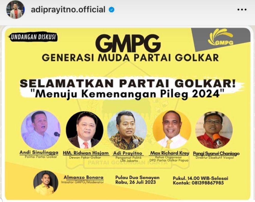 Flyer diskusi Selamatkan Partai Golkar yang digelar Rabu, 26 Juli 2023. (www.instagram.com/@adiprayitno.official)
