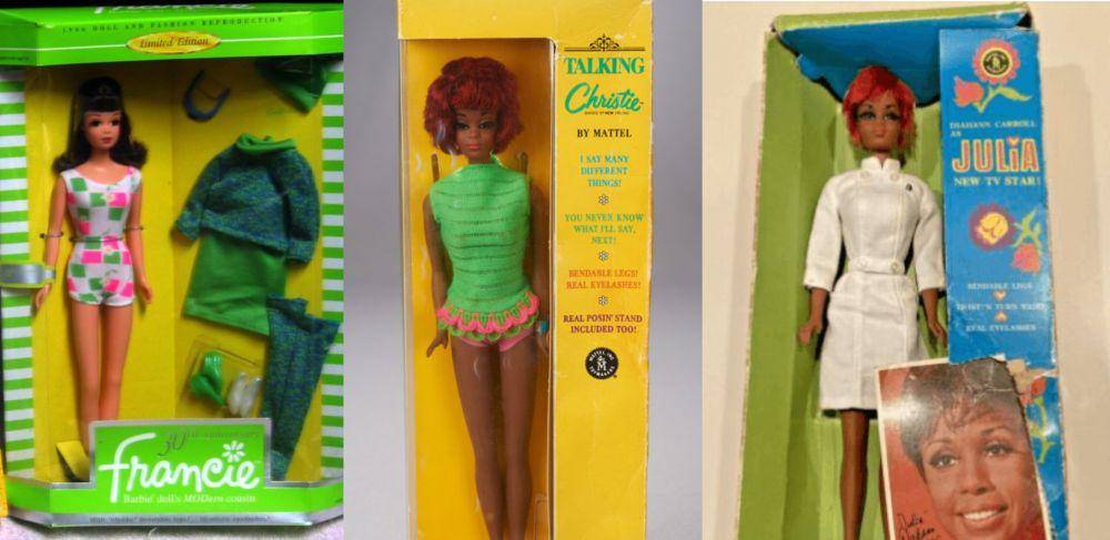 Dari kiri ke kanan: Francie (1967), Christie (1968), dan Julia (1969) diperkenalkan sebagai teman Barbie yang berkulit hitam (dok. Wikipedia/Mavarin/Gallery | theriaults.com | modbarbies.com)
