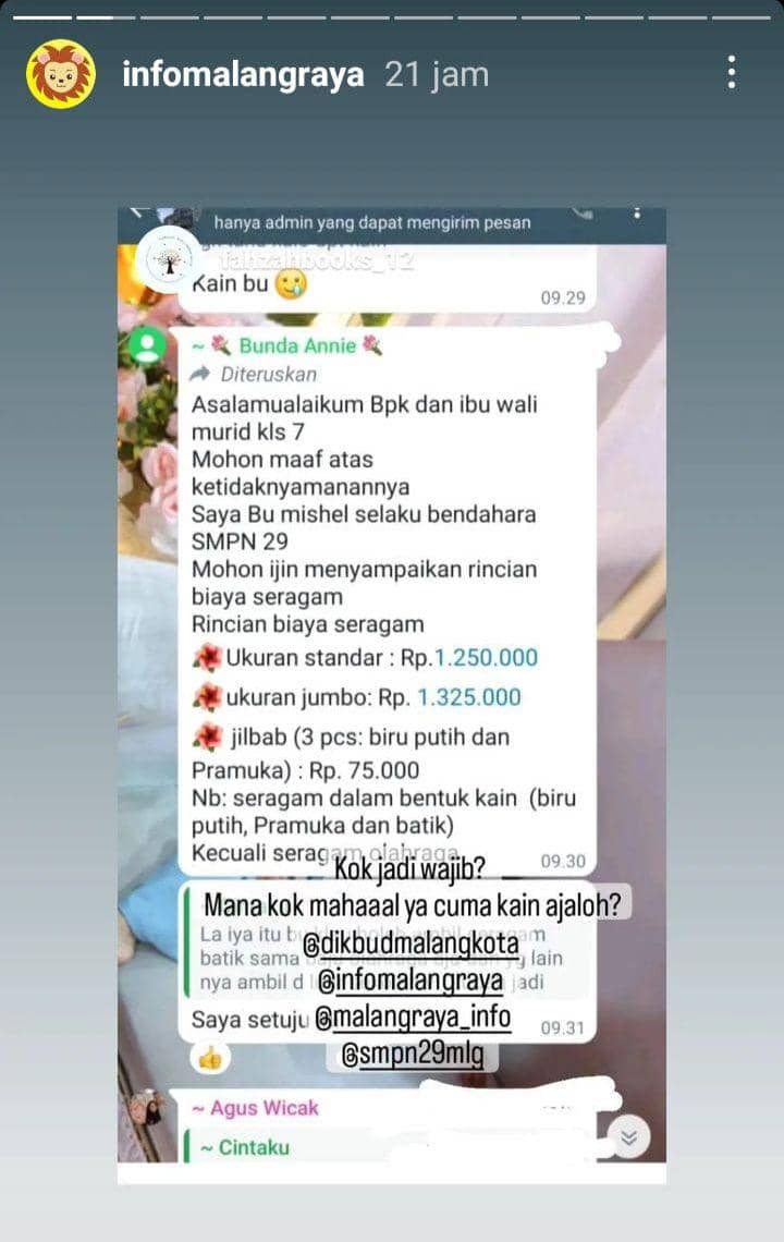 Screenshot chat group wali murid salah satu SMP Negeri di Kota Malang terkait harga seragam. (Instagram/@malangraya.info)