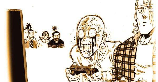 Para pendekar pedang melihat King dan Saitama main game ( Dok. tonarinoyj.jp/One Punch Man )
