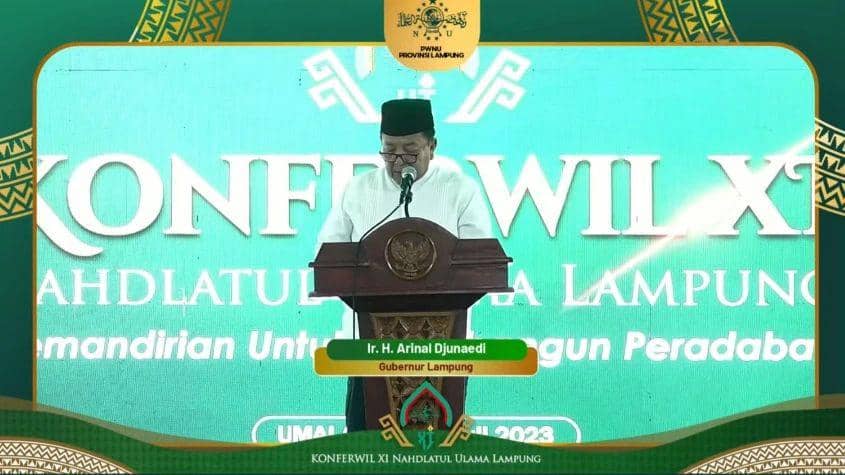 Gubernur Lampung Arinal Djunaidi saat sambutan Konferwil PWNU Lampung di Universitas Maarif Lampung Metro, Sabtu (29/7/2023). (Dok. PWNU Lampung).