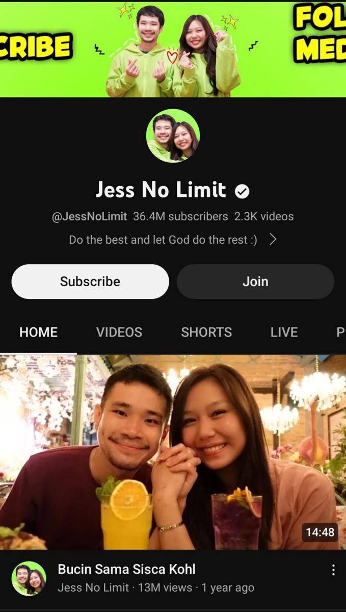 Akun YouTube Jess No Limit (youtube.com/JessNoLimit