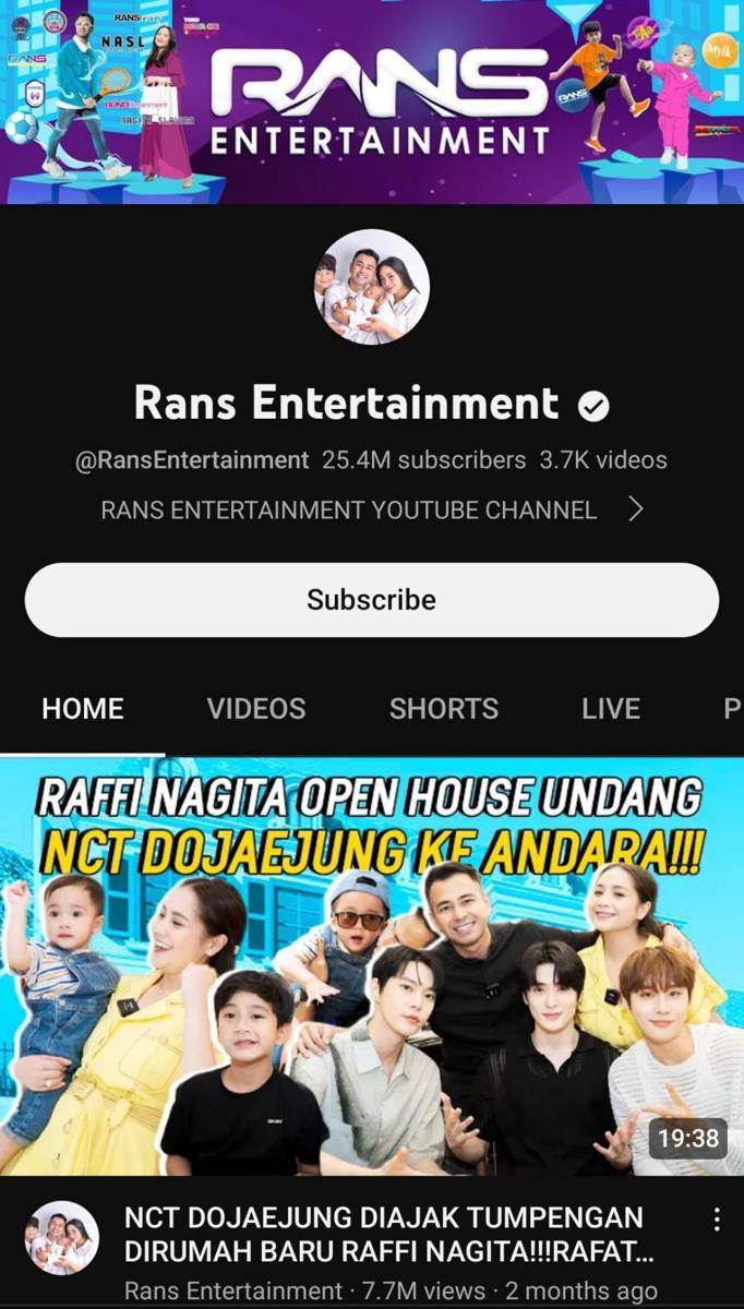 Akun YouTube Raffi Ahmad (youtube.com/RansEntertainment)