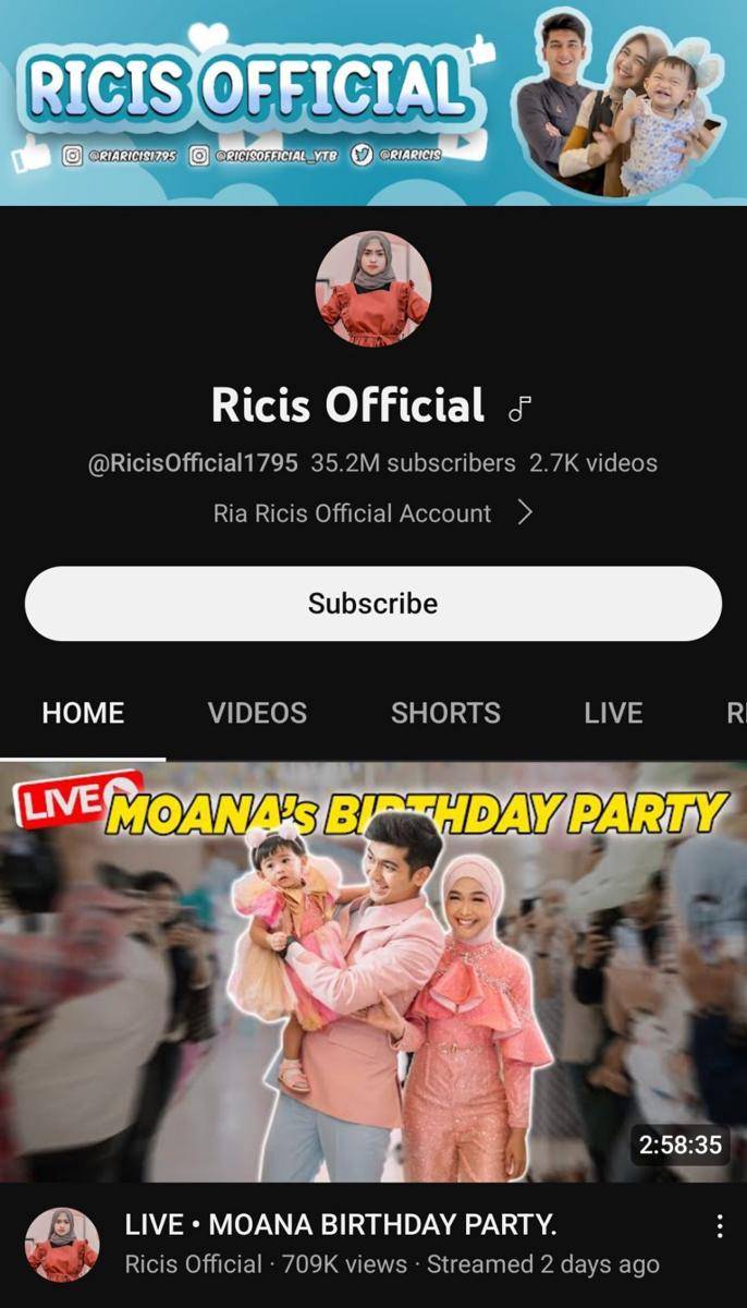 Akun YouTube Ria Ricis (youtube.com/RicisOfficial1795)