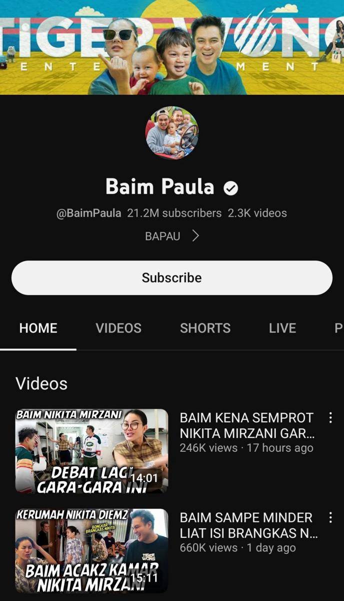 Akun YouTube Baim Wong (youtube.com/BaimPaula)