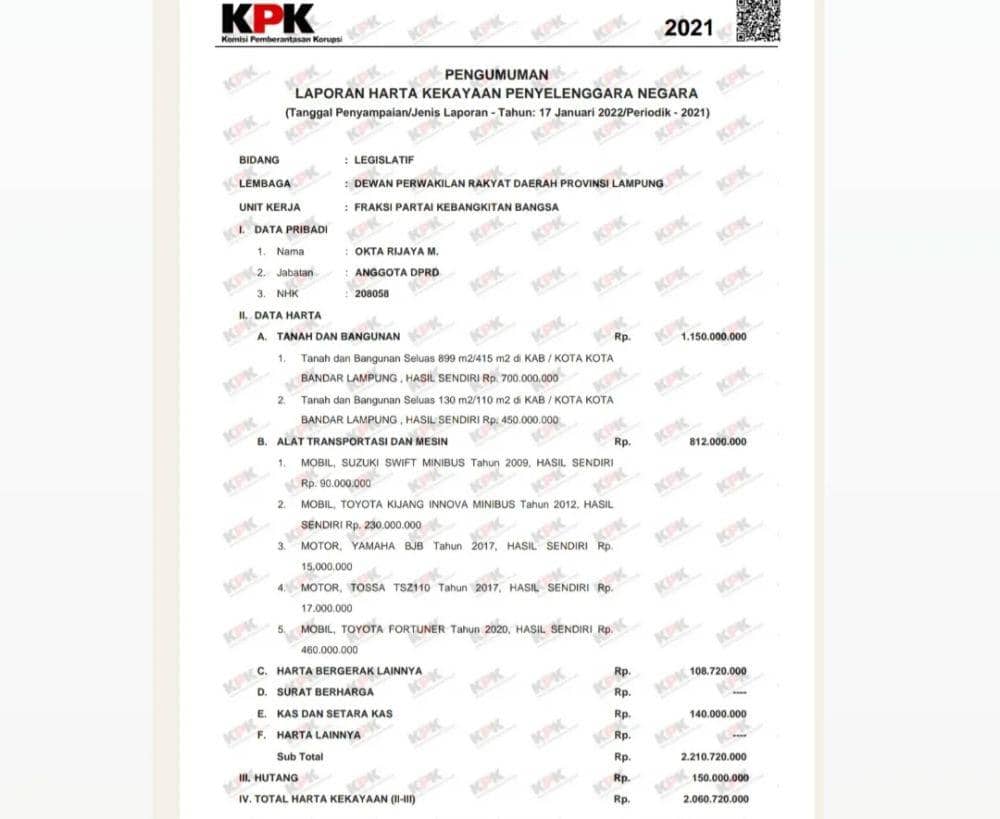 Lembar laporan e-LHKPN milik anggota DPRD Lampung, Okta Rijaya. (Dok. e-LHKPN KPK).
