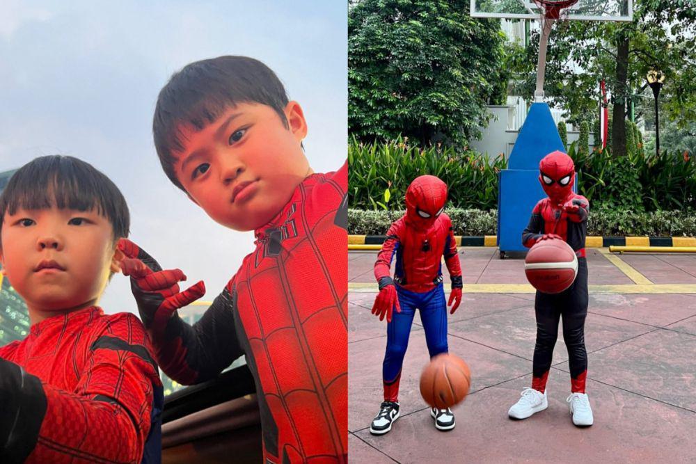 8 Potret Gemas Raphael Moeis Main Basket Pakai Kostum Spider-Man