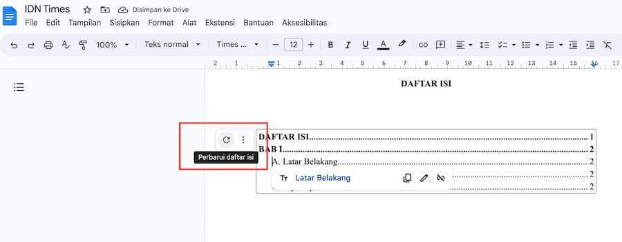 ilustrasi cara memperbarui daftar isi di Gdocs (IDN Times/Laili)
