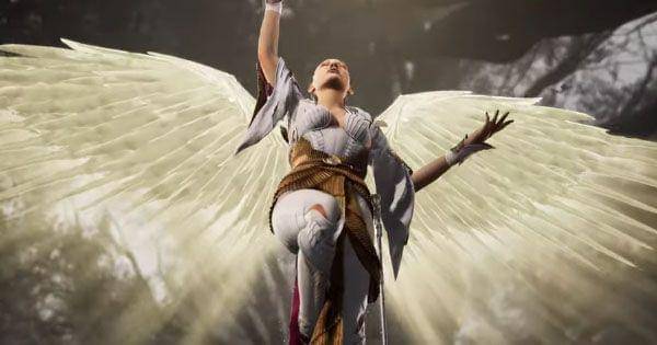 Ashrah memperlihatkan wujud malaikatnya dalam momen Fatality ( Dok.  NetherRealm Studios / Mortal Kombat 1 )