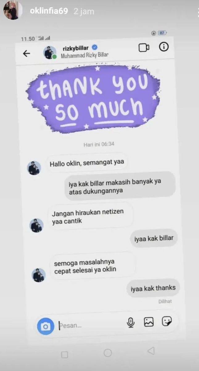 tangkapan layar diduga DM Rizky Billar ke Oklin Fia (instagram.com/lambe__danu)