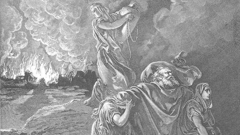 Ilustrasi lukisan Lot dan putri-putrinya melarikan diri saat Sodom dan Gomora terbakar, tetapi istri Lot berpaling. (commons.wikimedia.org/Gustave Doré)