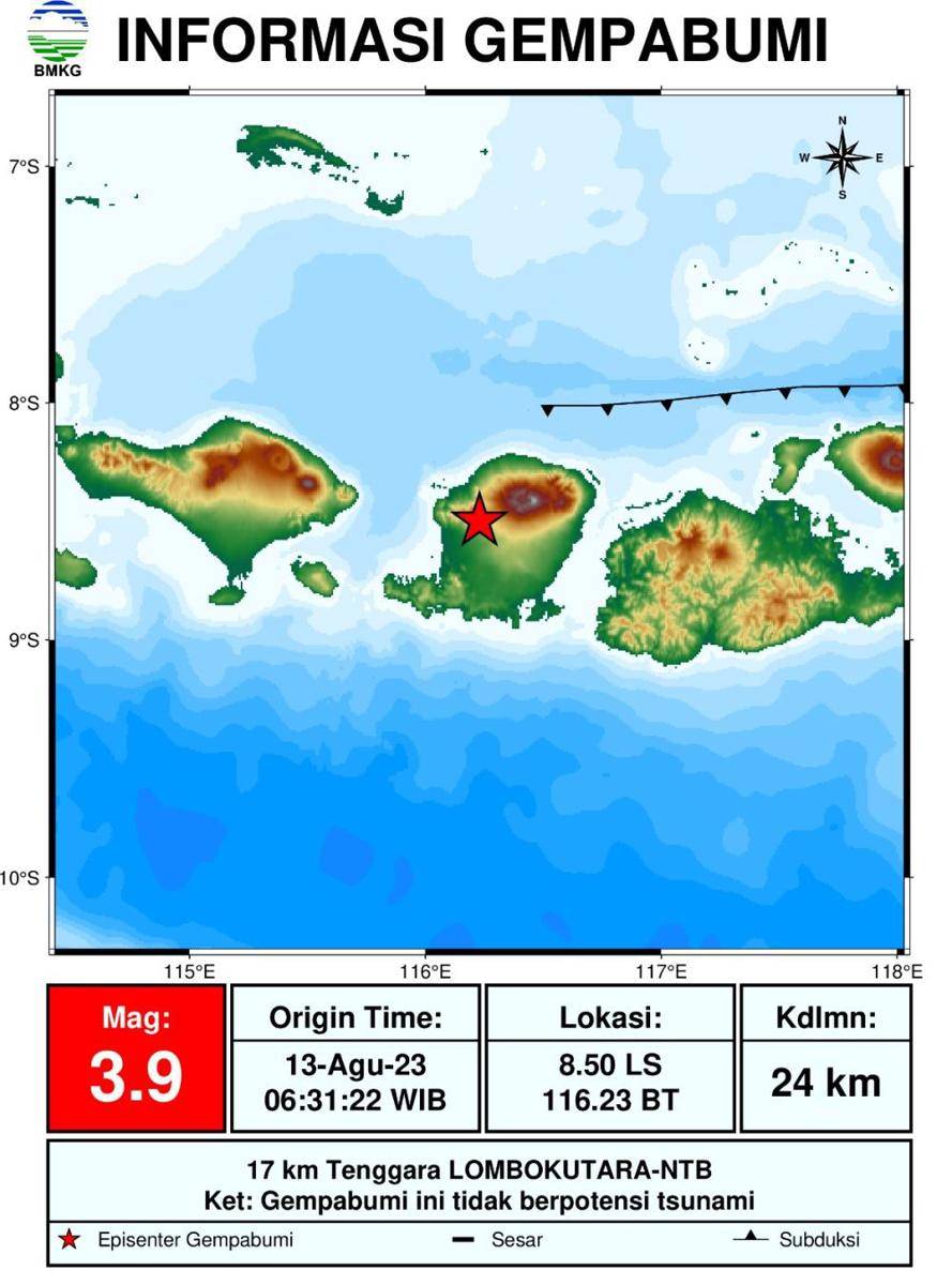 Episentrum gempa tektonik Magnitudo 3,9 yang mengguncang Pulau Lombok, Minggu (13/8/2023). (dok. Stageof Mataram)