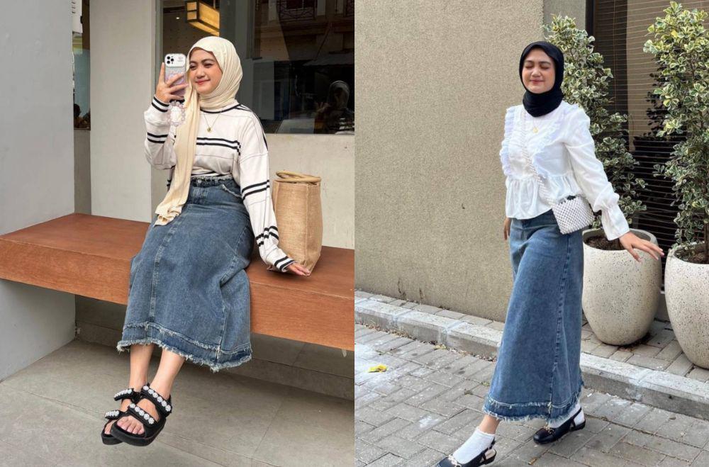 7 Ide Outfit Hijab Pakai Rok Denim ala Inthira Klhaudya, On Point!