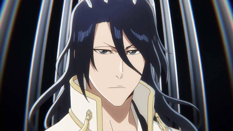Byakuya Kuchiki dari Bleach tampil dengan rambut hitam panjang, syal putih, dan ekspresi serius dalam ilustrasi anime.