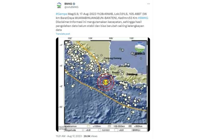 Gempa Mag 5.9 di Banten pada Kamis (17/8/2023). (twitter.com/BMKG)