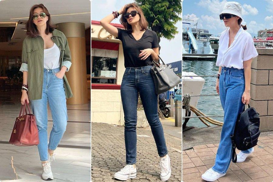 7 Gaya Kasual Penyanyi Agatha Suci Pakai Celana Denim dan Sneakers