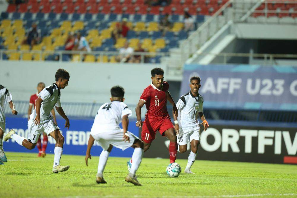 Potret duel Timnas U-23 Indonesia vs Timor Leste, Minggu (20/8/2023). (Dok. PSSI)