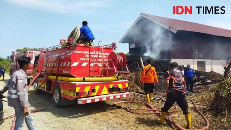 Tim gabungan bersama warga berupaya padamkan kebakaran sabut kelapa di pabrik KSU ana Amanah Masyarakat di Kelurahan Pejala (IDN Times/Ervan)