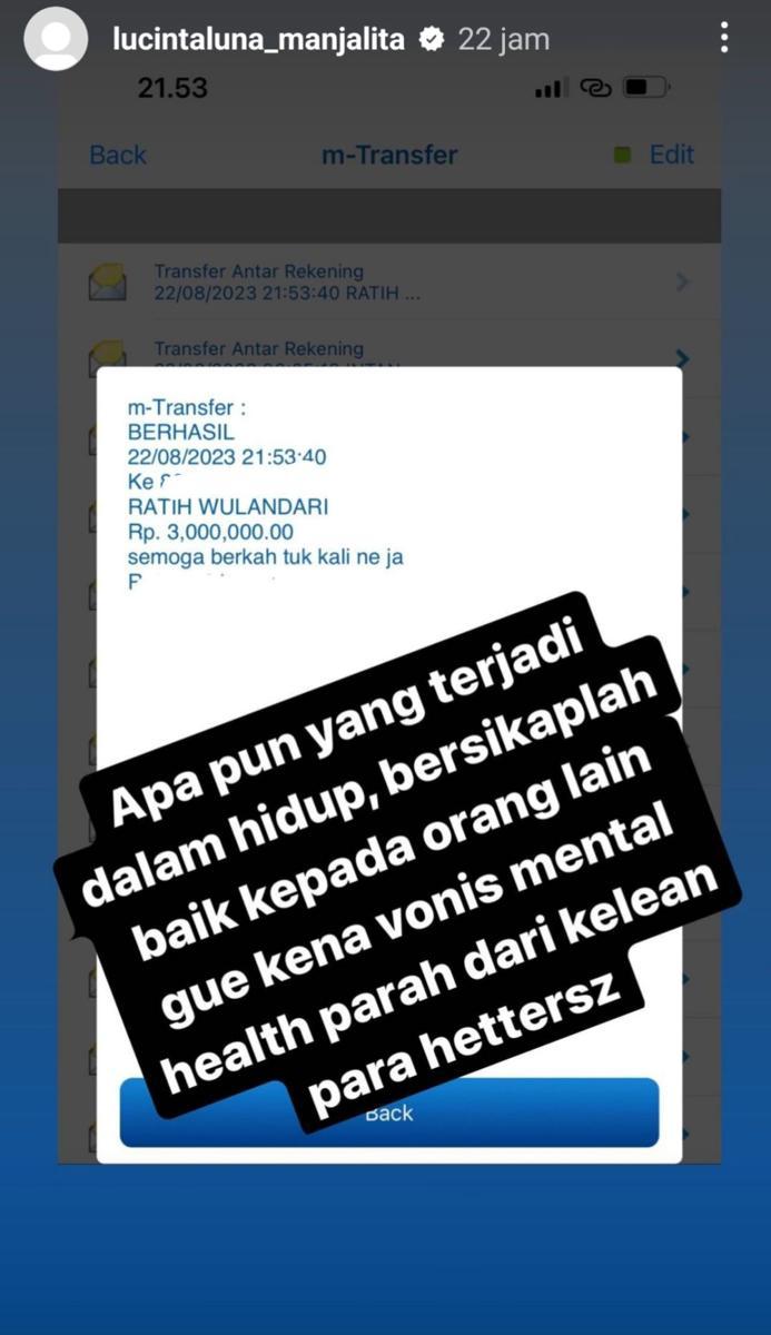 potret Lucinta Luna transfer uang ke hater (instagram.com/lucintaluna_manjalita)