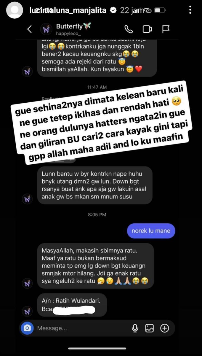 potret Lucinta Luna transfer uang ke hater (instagram.com/lucintaluna_manjalita)