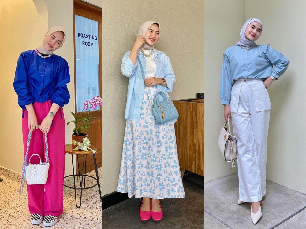 9 Padu Padan Outfit Atasan Biru ala Selebgram Intan Ghazella, Modis!