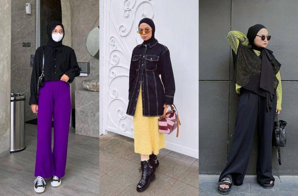 OOTD hijab hitam dengan aksen warna (instagram.com/lutvy_putri | tantrinamirah | sorayaulfa15)
